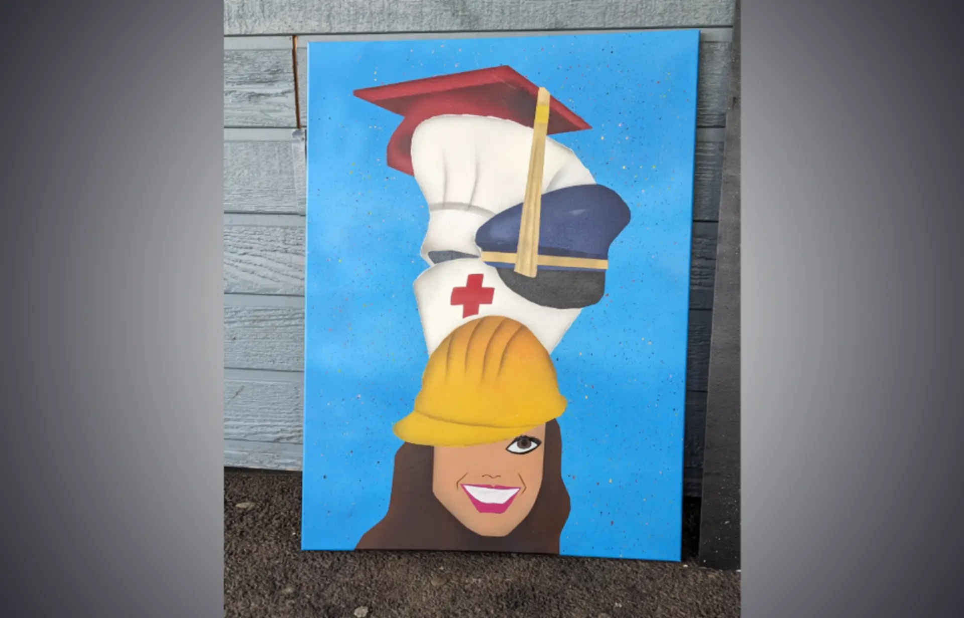 peinture sur toile d'une femme avec pleins de chapeau de travail empilé