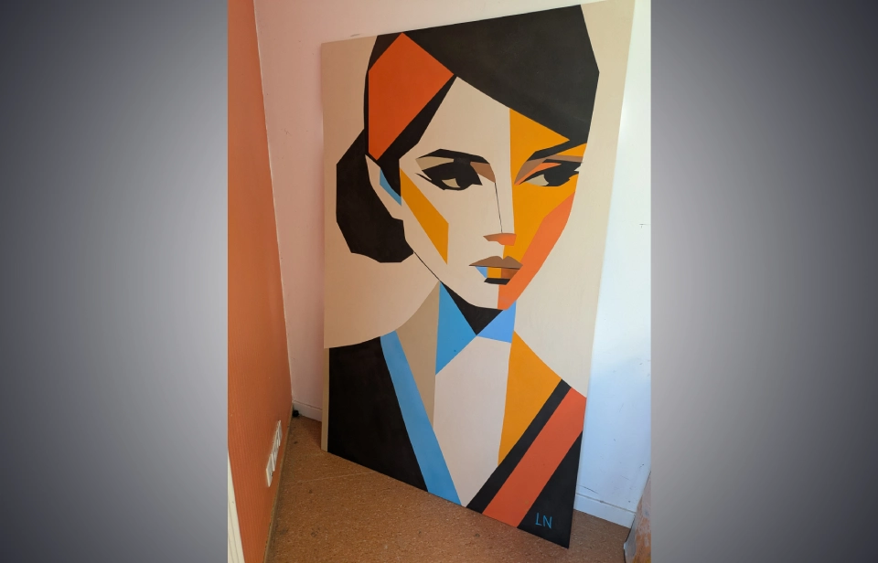 Portrait féminin géométrique style cubiste, peinture art contemporain grand format, tableau moderne couleurs jaune bleu orange noir