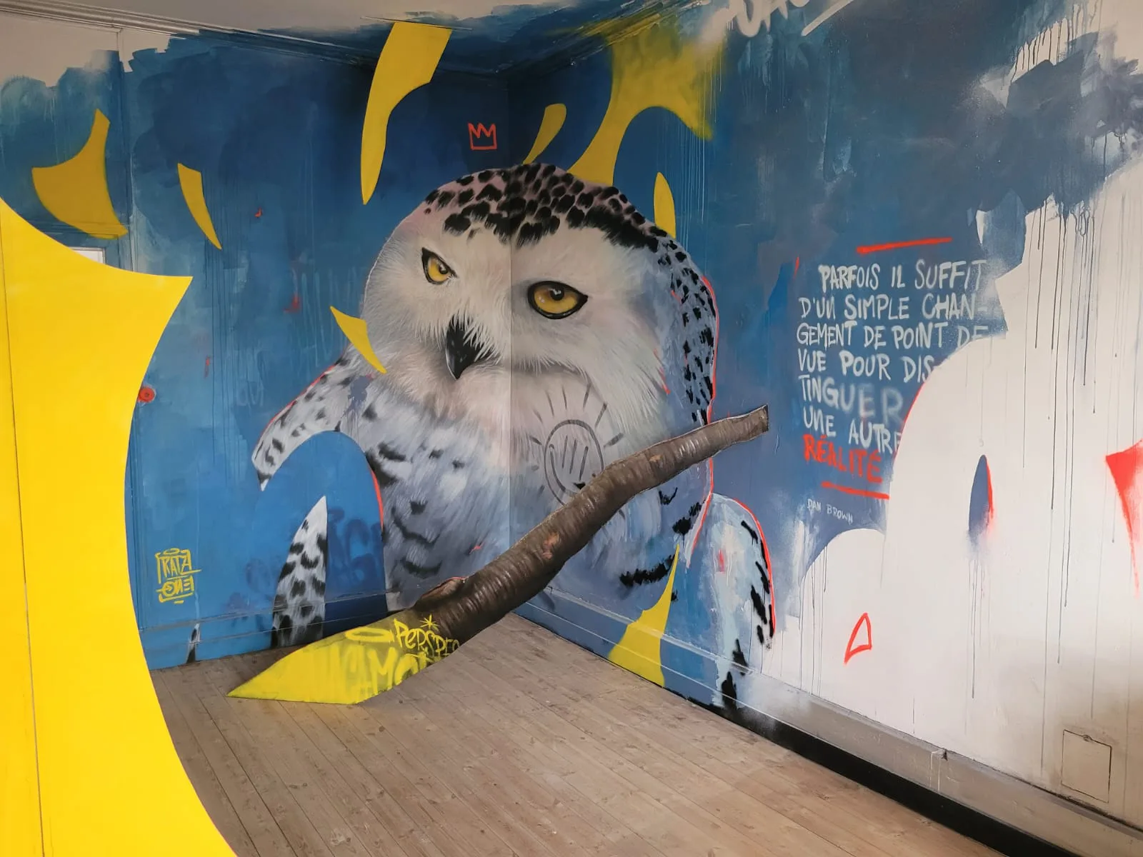 Fresque murale immersive en anamorphose représentant une chouette géante, visible en entier selon le point de vue, réalisée par Ratz One dans les locaux de l’association 13 Arts à Paimboeuf